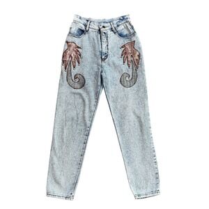 Vintage Jokko Acid Wash High Waist Studded Applique Jeans Womens 26 Blue Tapered